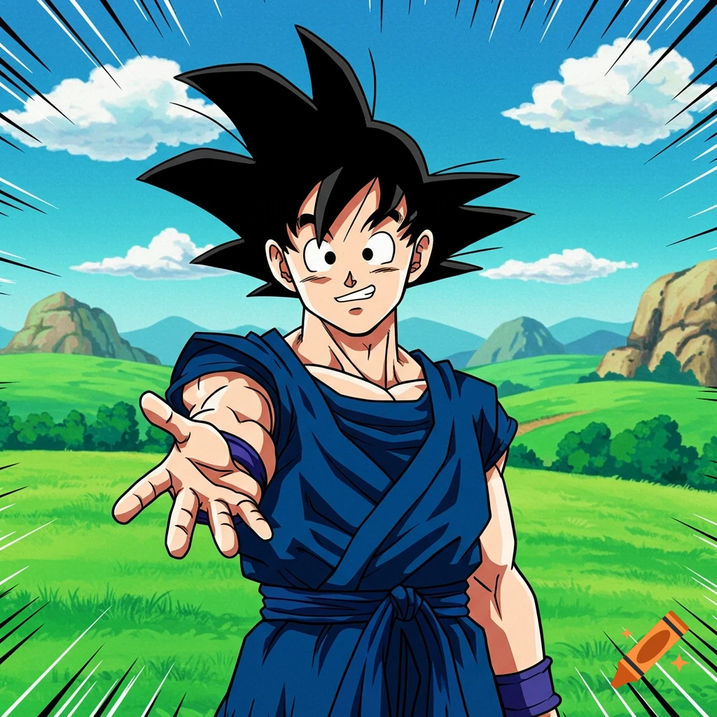 Goku reaching out his hand in a field with mountains in the background.
