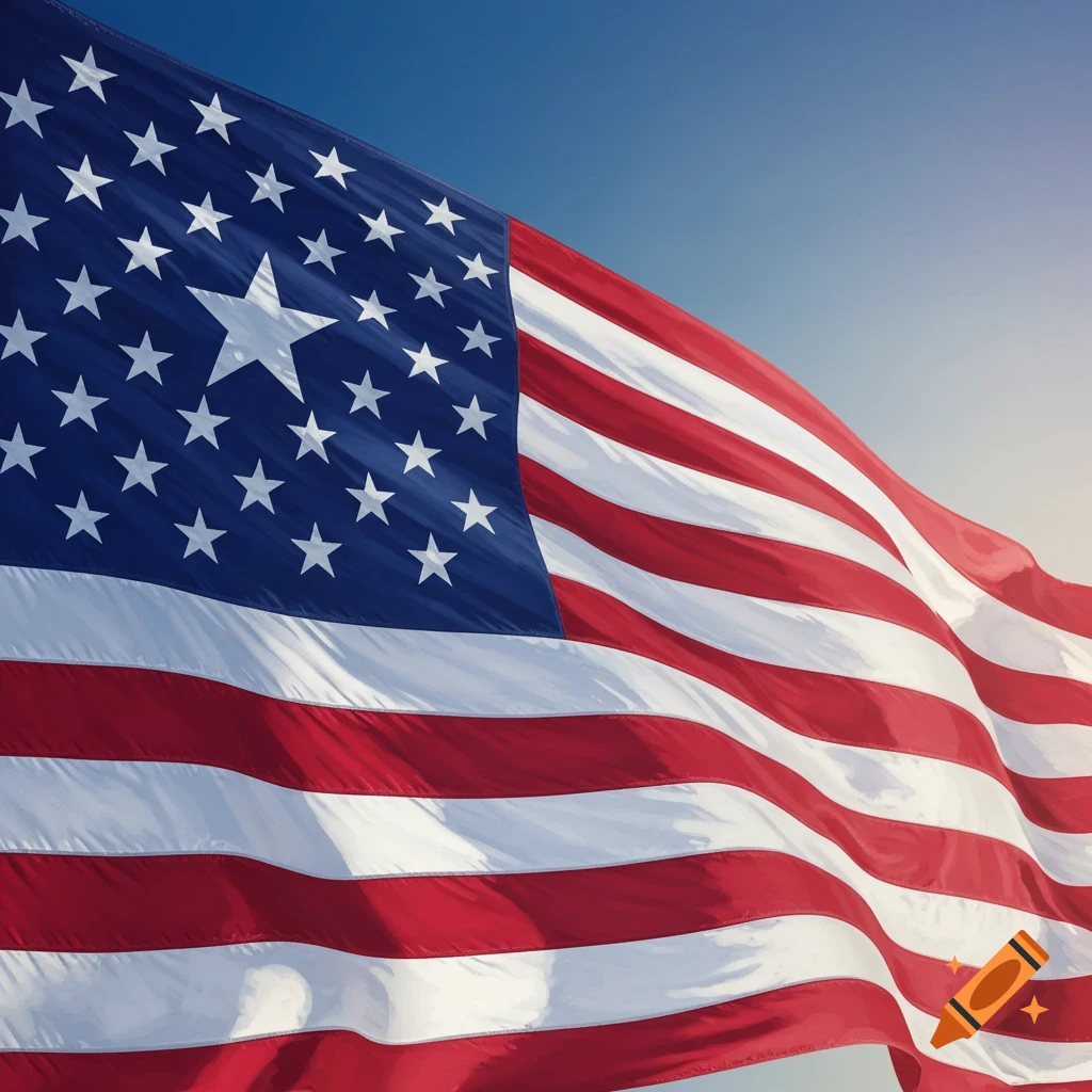 The American flag waving against a blue sky.