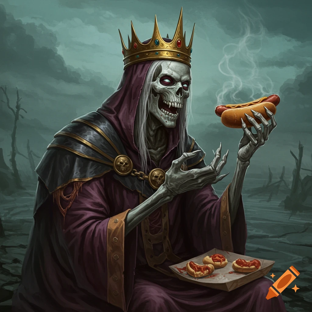 A skeleton king holding a hotdog in a dark landscape.