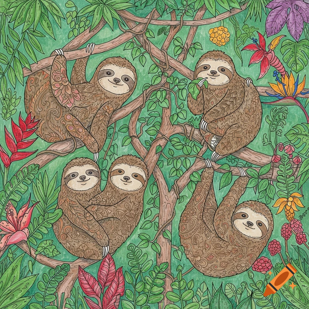 Four patterned sloths hang in a lush jungle with flowers. Illustrated style.