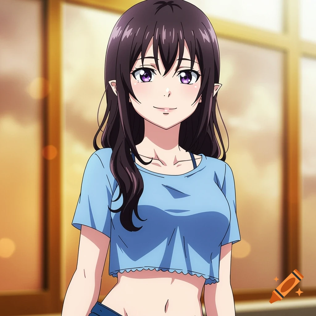 Anime illustration of a woman with dark hair and purple eyes smiling in a light blue cropped top.
