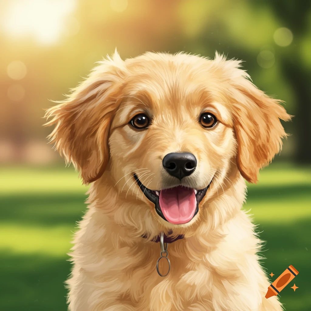 A happy Golden Retriever puppy smiles in a sunlit park.