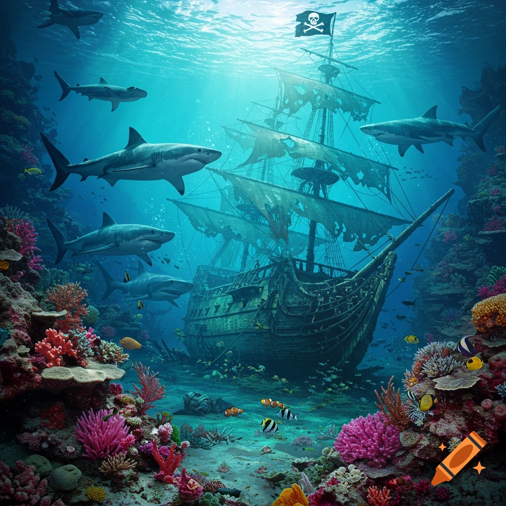 Sharks swimming around a shipwreck with a pirate flag in a coral reef.