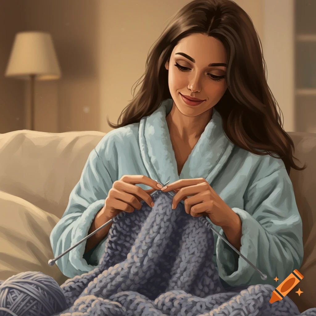 A woman in a bathrobe is knitting while sitting on a sofa.
