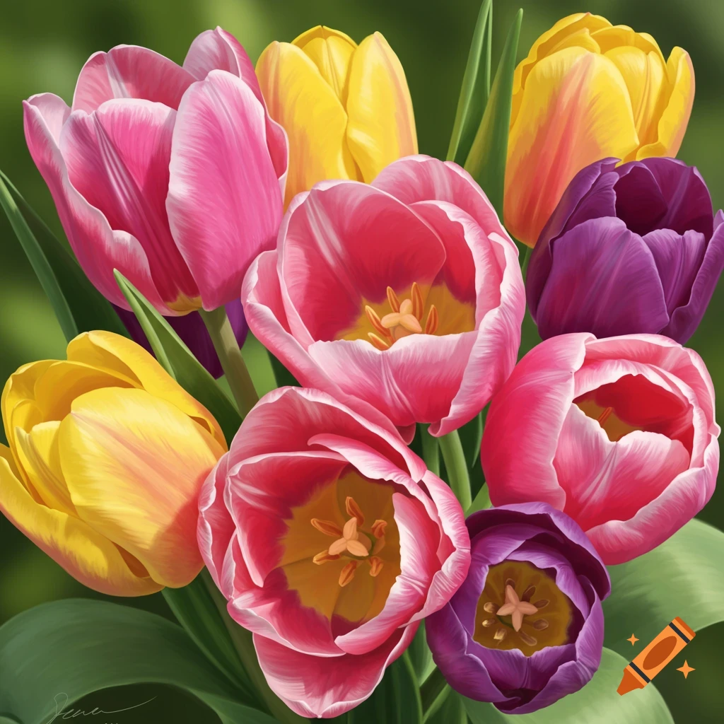 A bouquet of pink, yellow, and purple tulips.