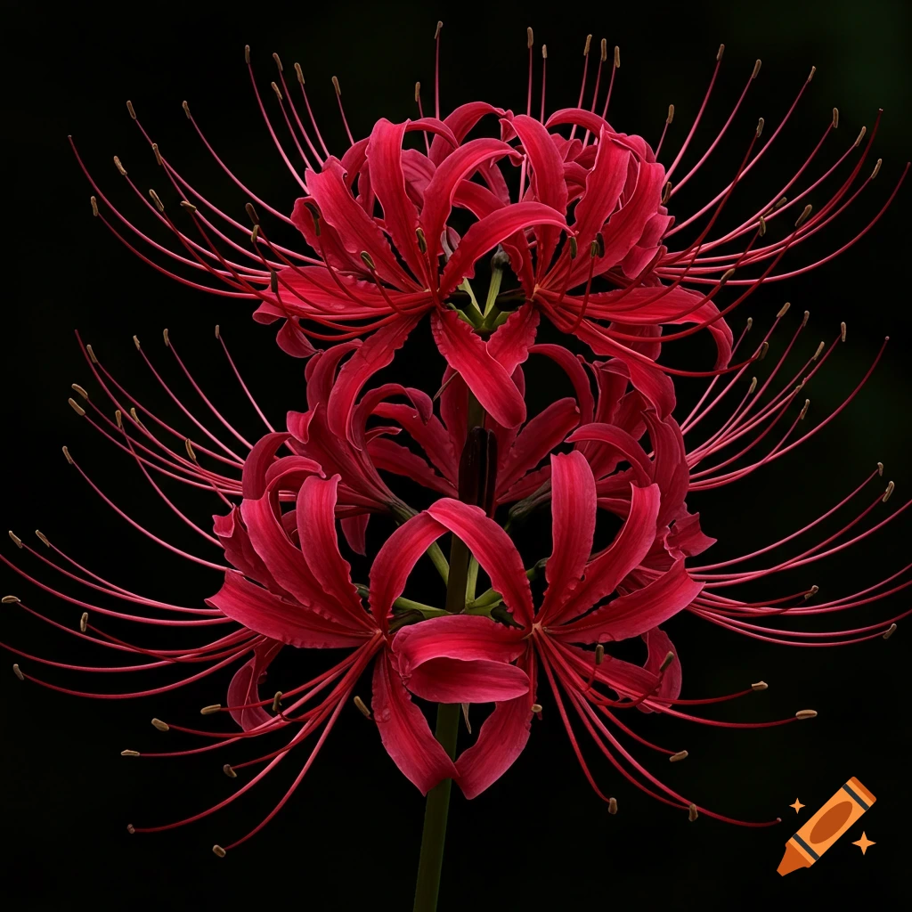 Detailed close-up of red spider lilies against a black background.