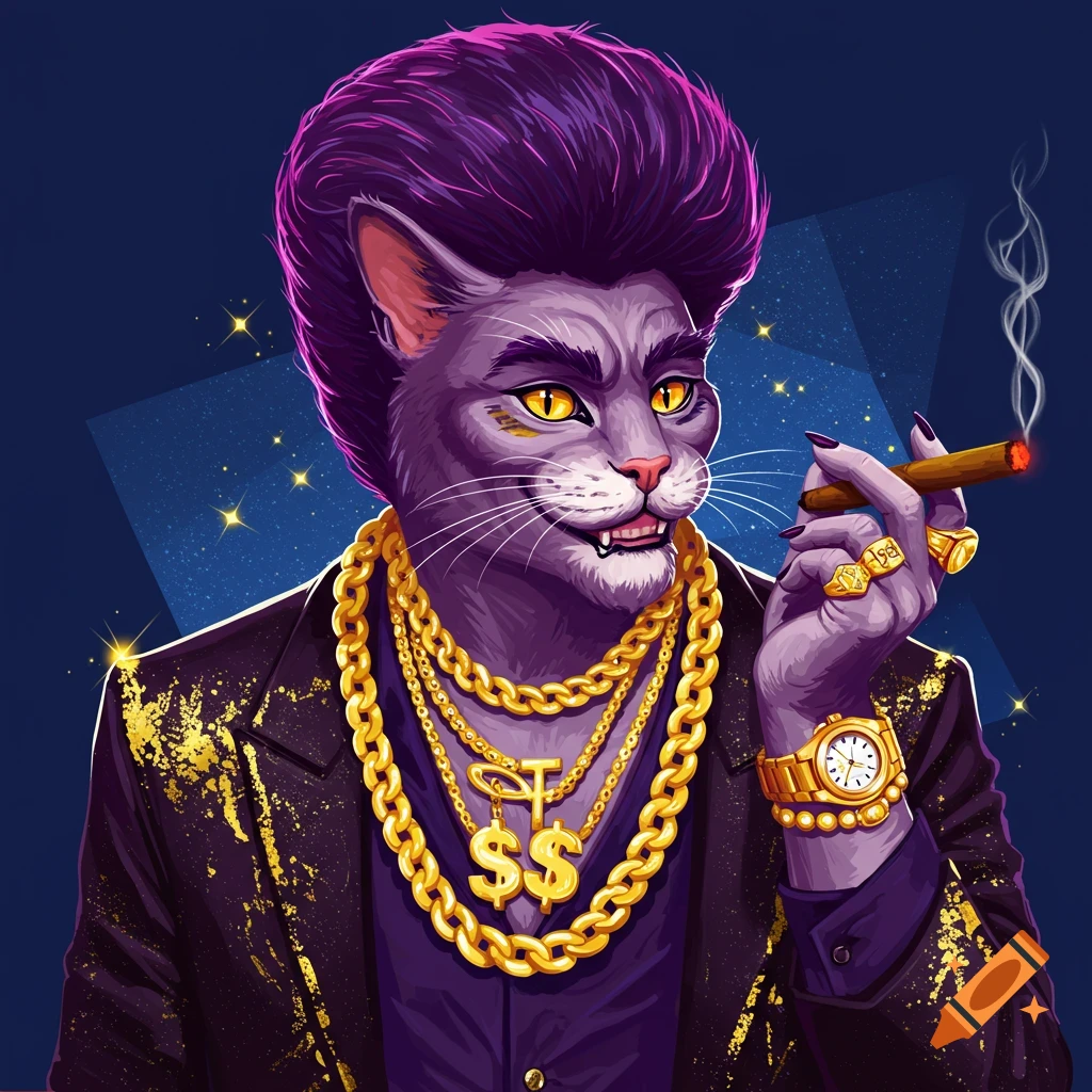 Stylized image of a cat in a suit wearing gold chains and smoking a cigar