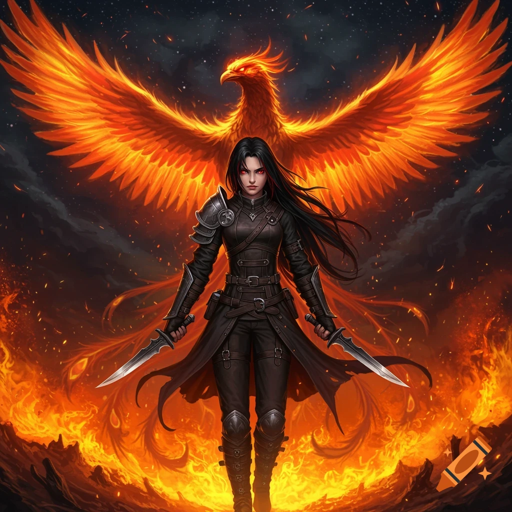 Digital illustration of a woman in leather armor holding knives, standing in fire with a fiery phoenix overhead.