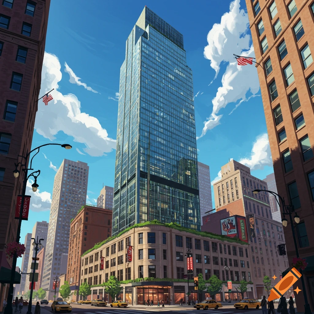 A city street with tall buildings, taxis, and pedestrians under a cloudy sky.