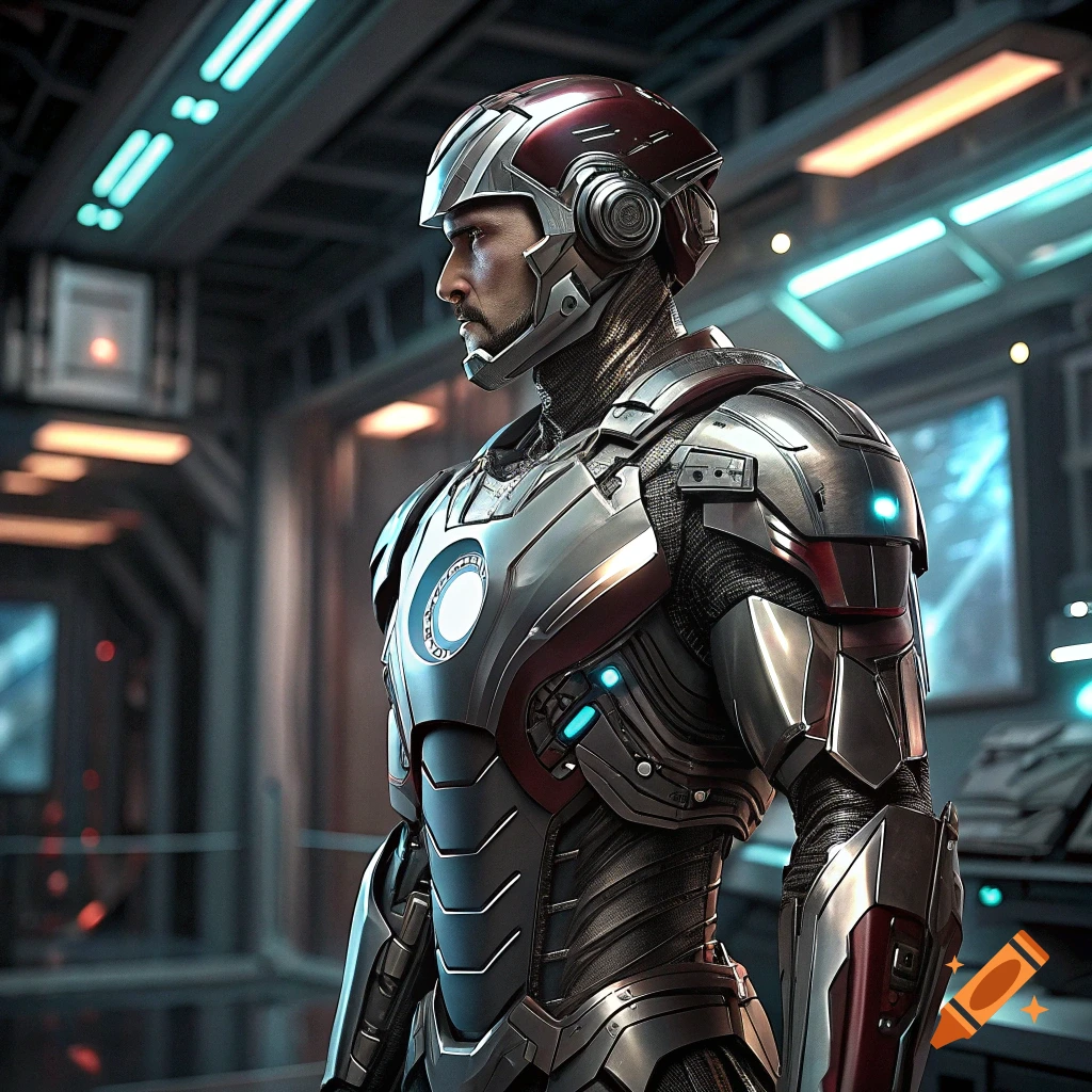 Person resembling Tom Cruise in futuristic chrome armor in a sci-fi setting.