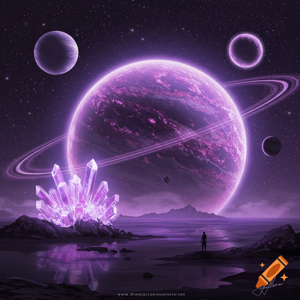 Purple ringed planet with moons and glowing crystals on a rocky shore with a lone figure looking out at the cosmic landscape, reflecting in water under a starry purple sky.