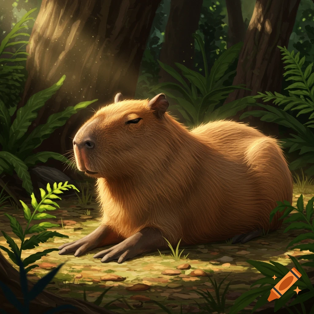 A capybara sitting in a sunlit forest.
