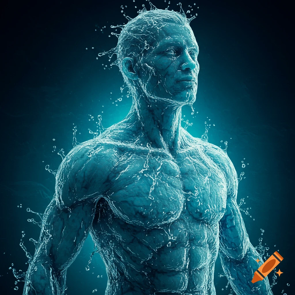 A muscular man made of turbulent blue water splashes against a dark background.