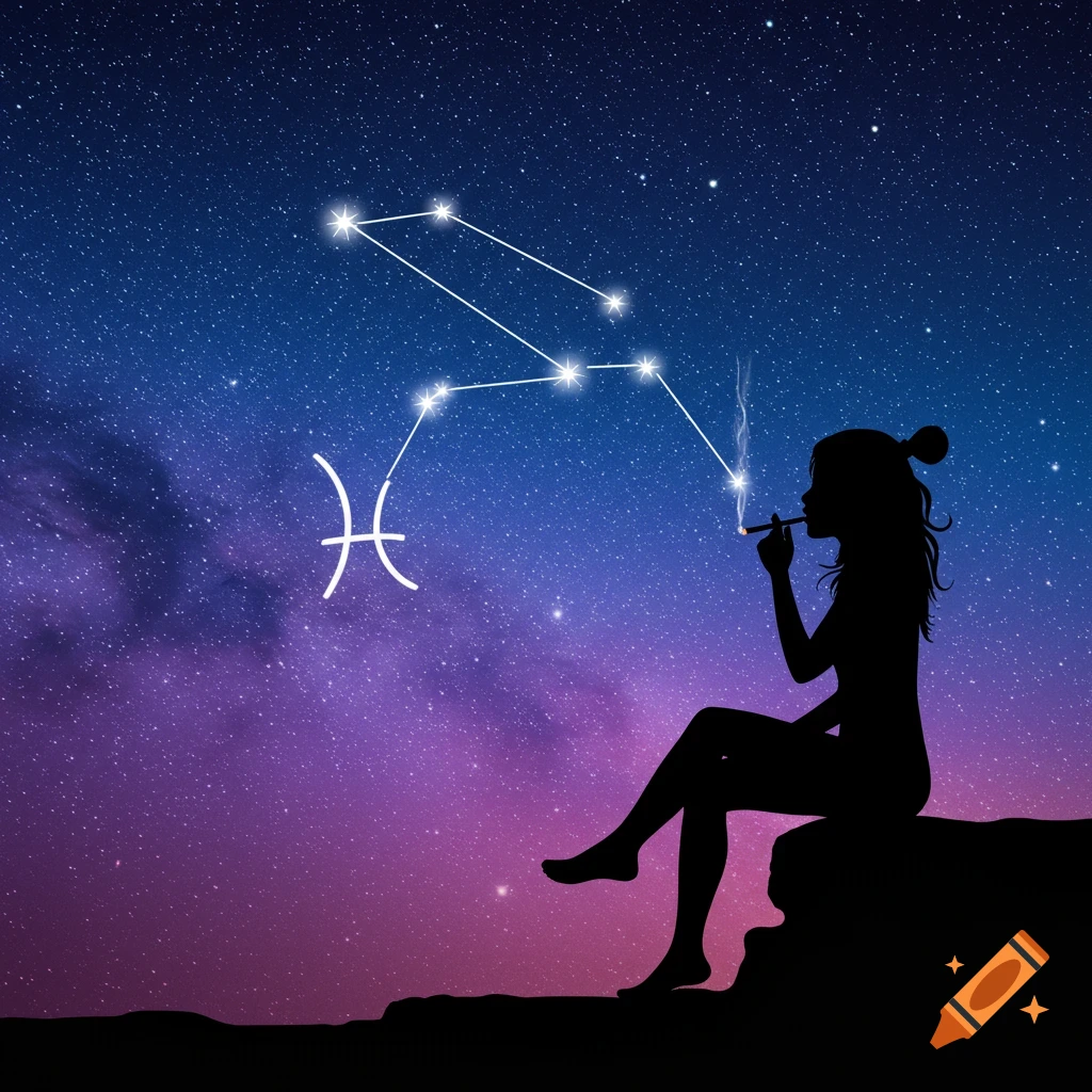 Silhouette of a woman smoking under the Pisces constellation in a starry night sky.