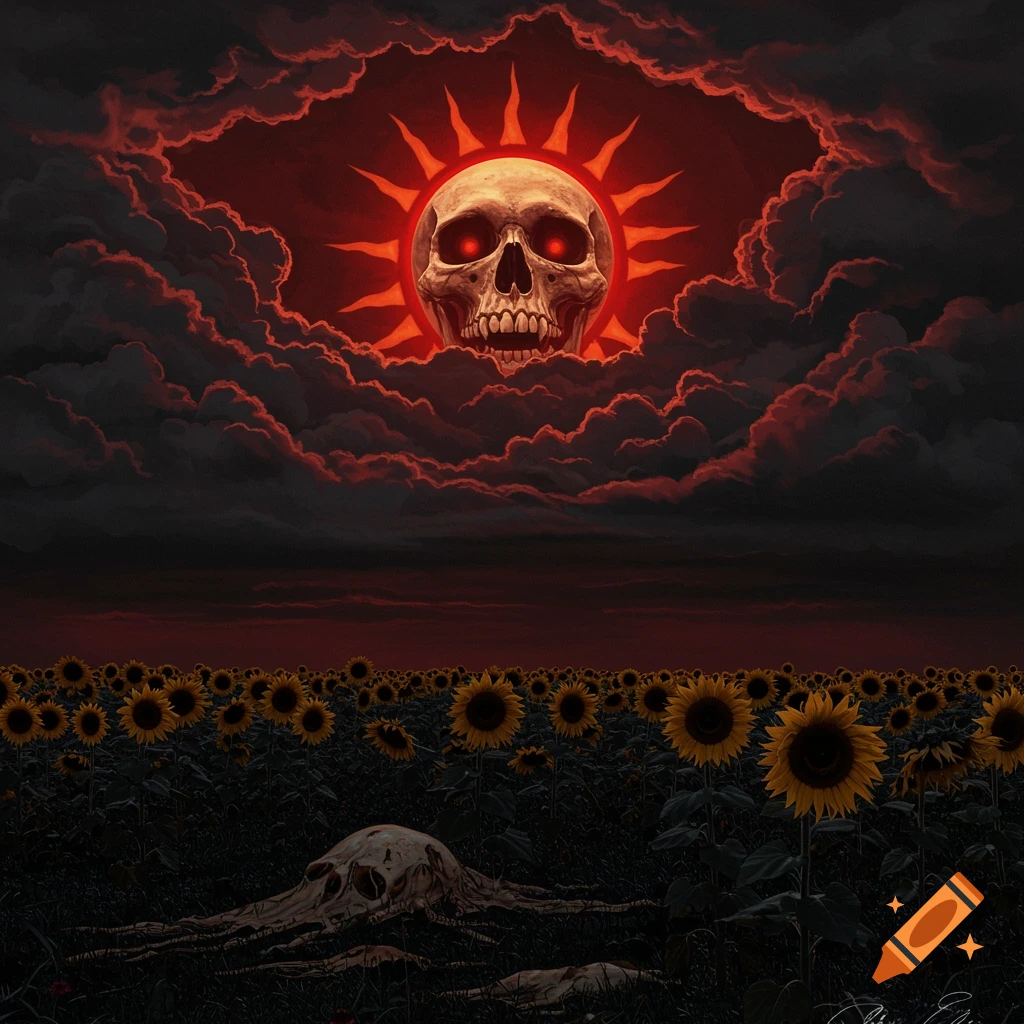 A skull sun in a dark, cloudy sky over a field of sunflowers and a large skull on the ground.
