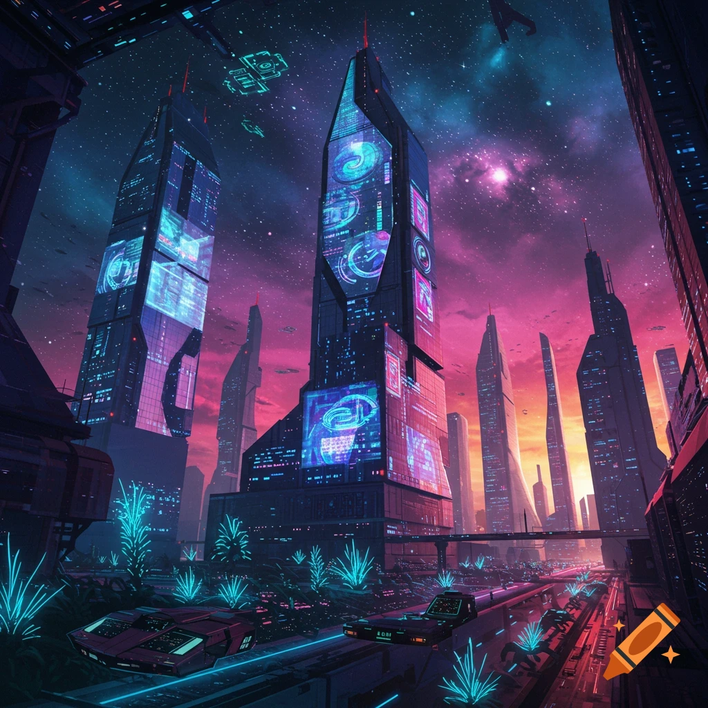 A futuristic cityscape at sunset with towering buildings, flying vehicles, and neon lights.