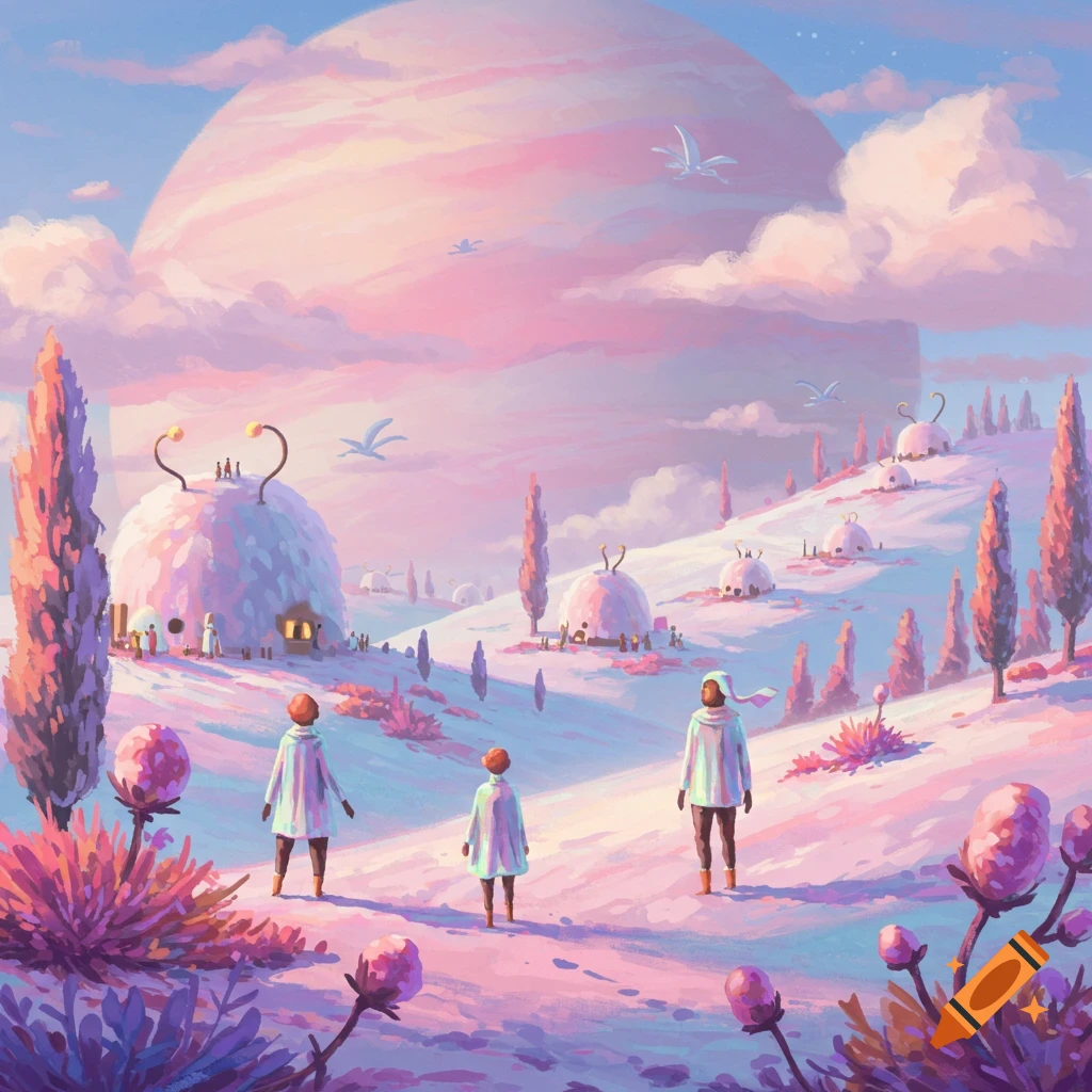 Three figures walk across a pastel pink and purple snow-covered landscape towards domed buildings, beneath a large ringed planet in the sky.