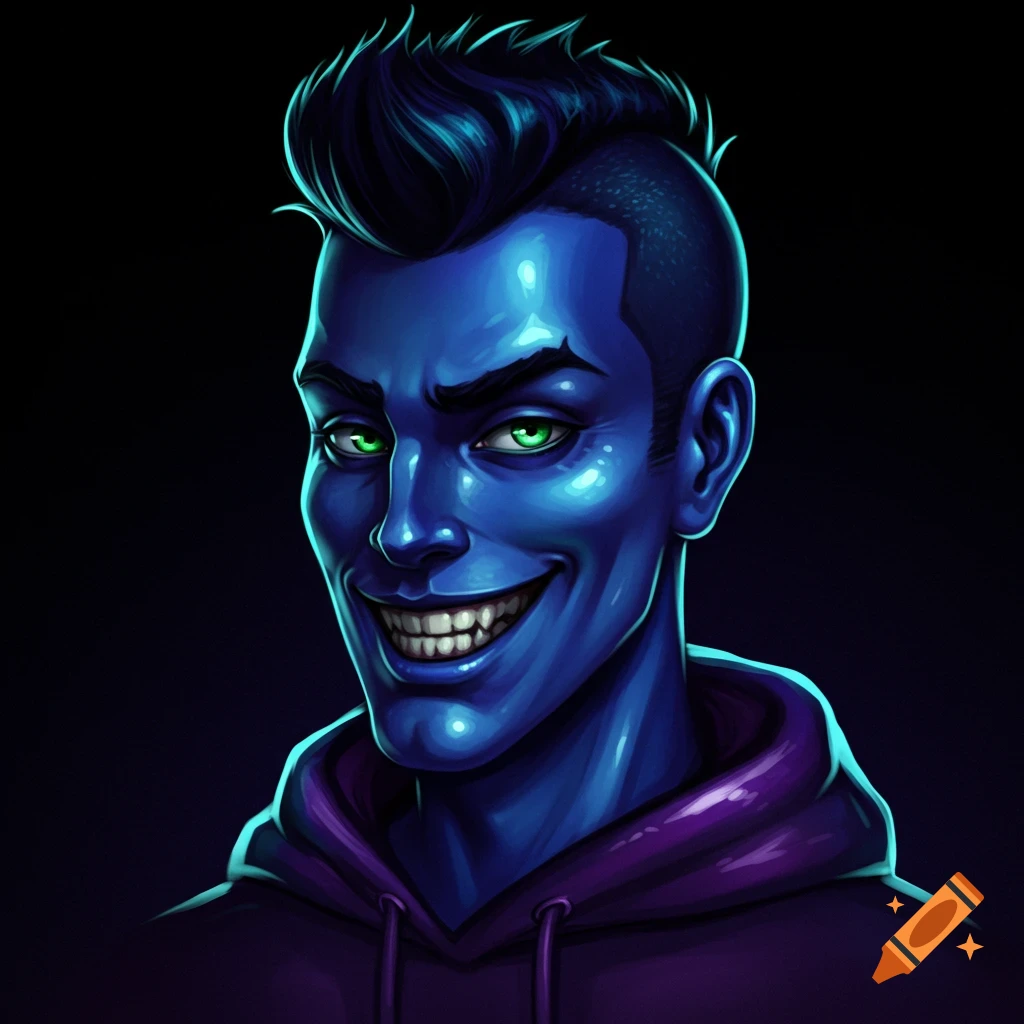 A blue-skinned character with fangs and green eyes wearing a purple hoodie.