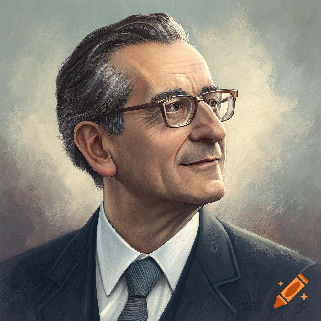 Portrait of an older man in a suit and glasses in a painted style.
