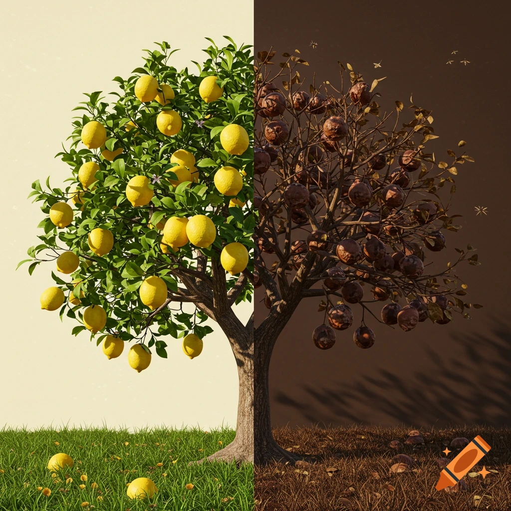 A tree split down the middle, one side a healthy lemon tree, the other side a dead tree with rotten fruit, against a split background.