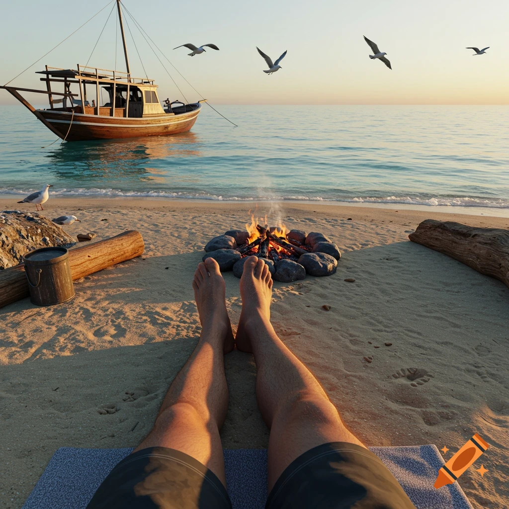 First-person view of legs on a sandy beach near a campfire with a boat on the sea and seagulls.