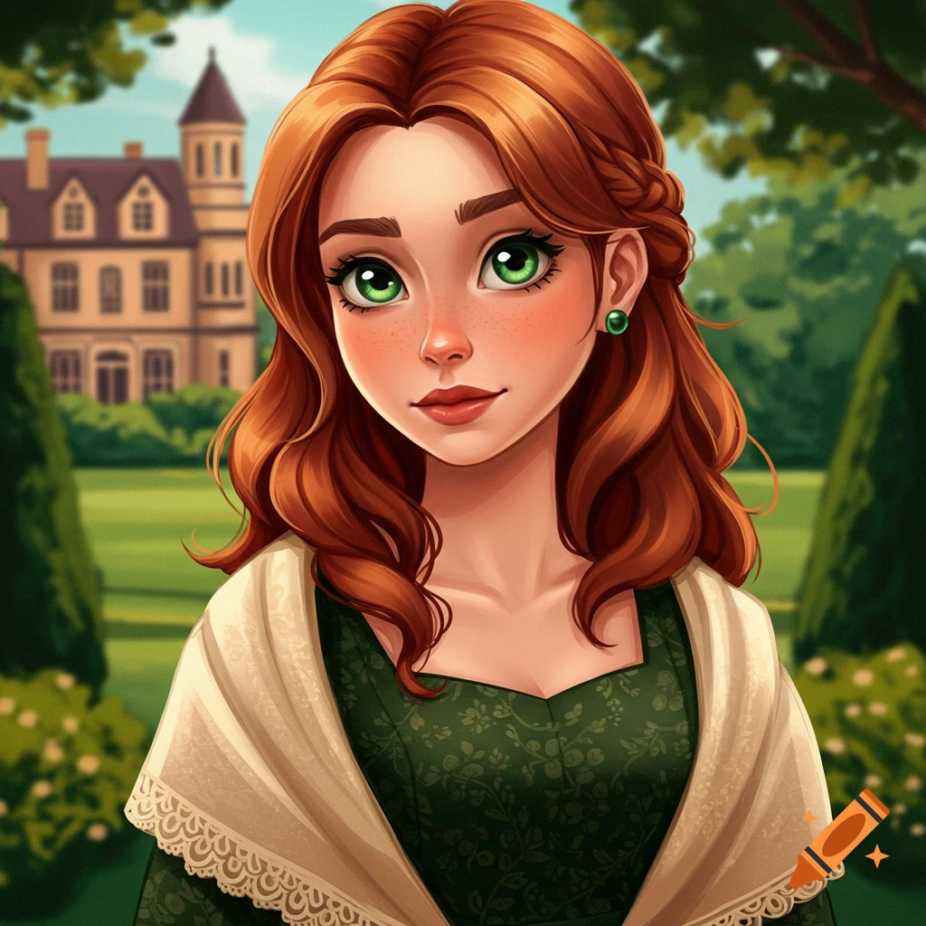 A red-haired young woman with green eyes is in a garden, wearing a green dress and white shawl.