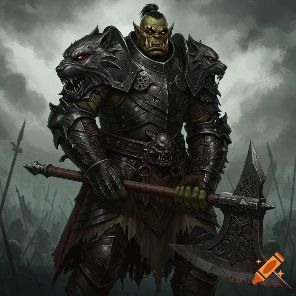 An orc warrior in dark armor holding a battle axe on a battlefield.