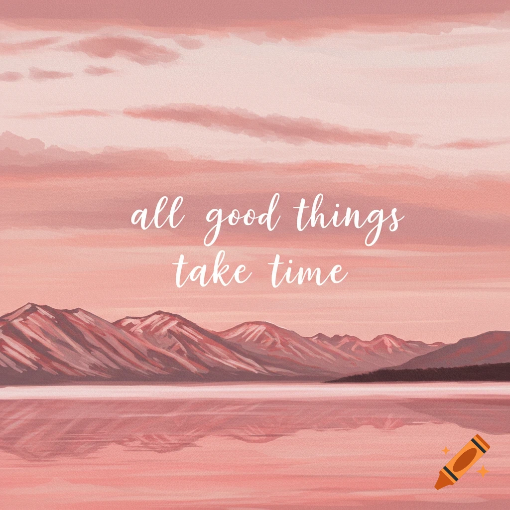 Pink mountains and water under a pink sky with the text 'all good things take time'.