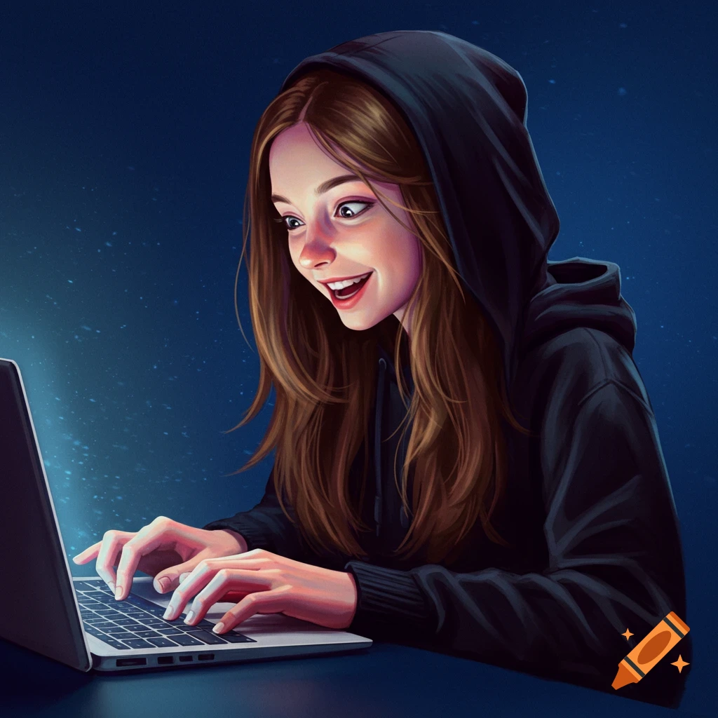 A girl in a black hoodie typing on a laptop in a dark room.