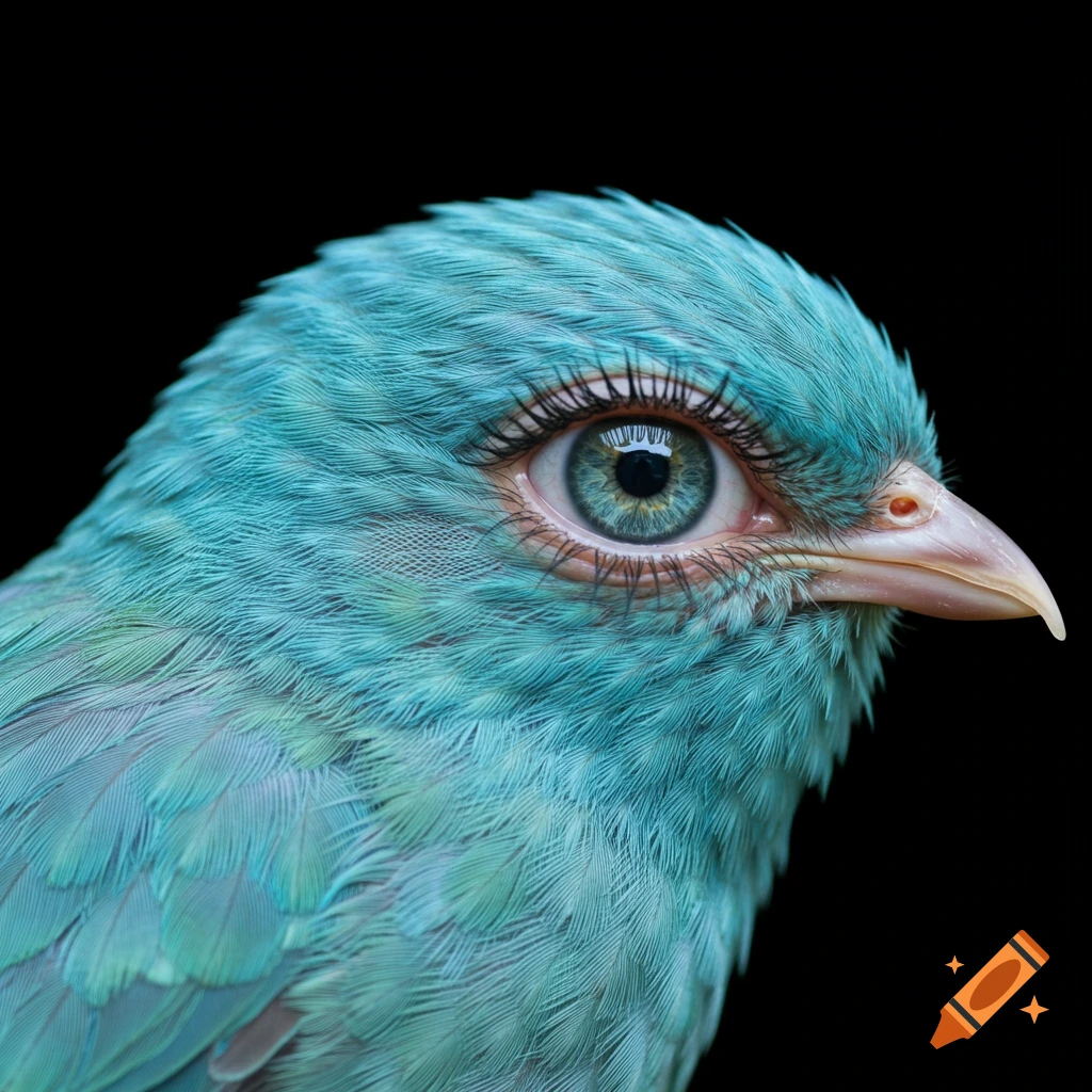 Close-up, photorealistic image of a blue bird with a human eye where its face should be
