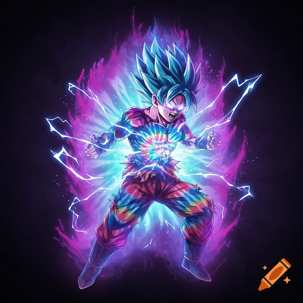 A tie-dye clad Dragon Ball Z style character powers up with blue hair, purple and blue energy, and lightning