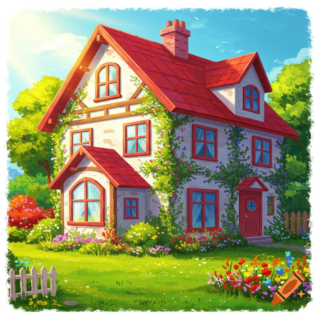 A charming house with a red roof and vines is situated in a sunny garden.