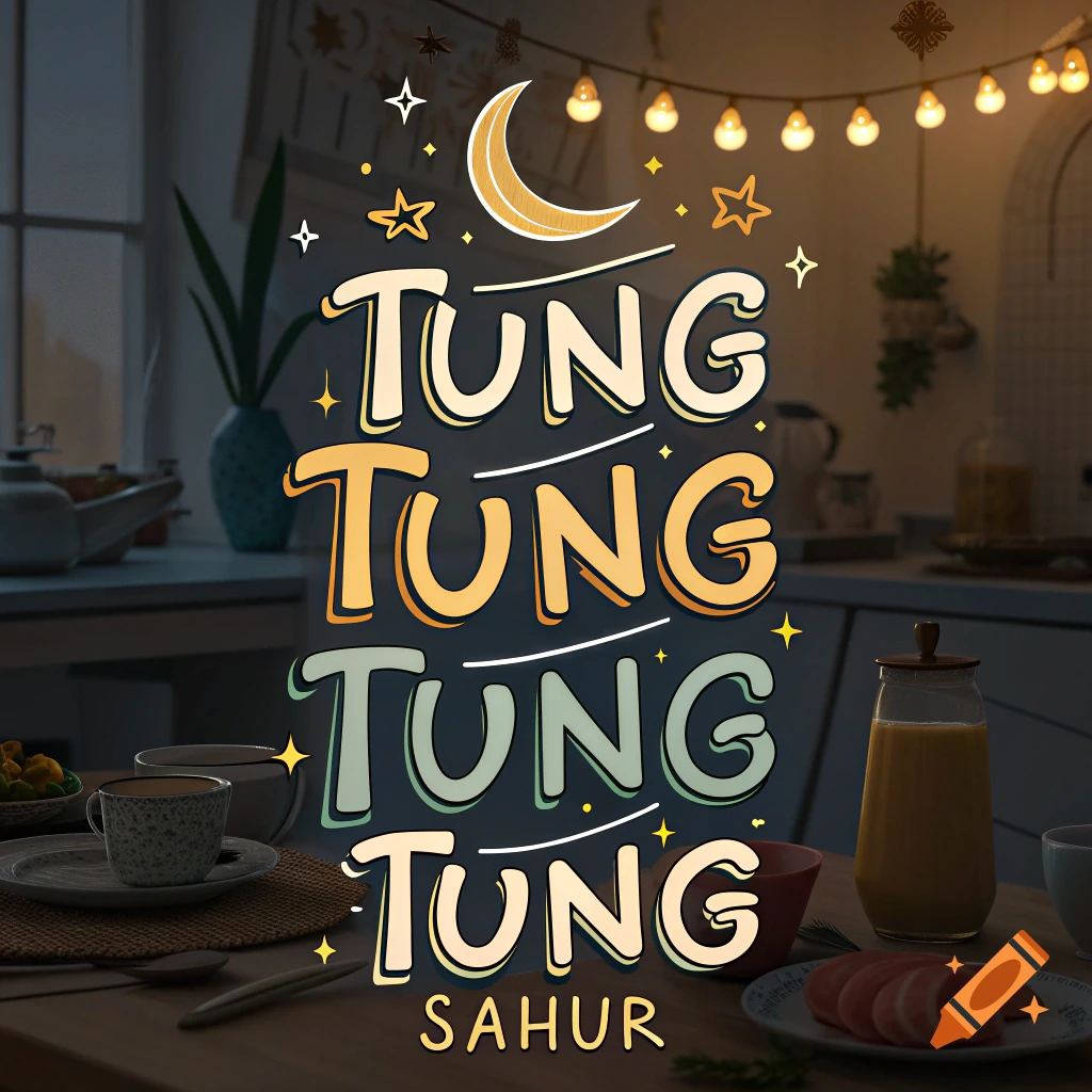 Stylized text 'TUNG TUNG TUNG TUNG SAHUR' over a cozy kitchen scene with food and lights.