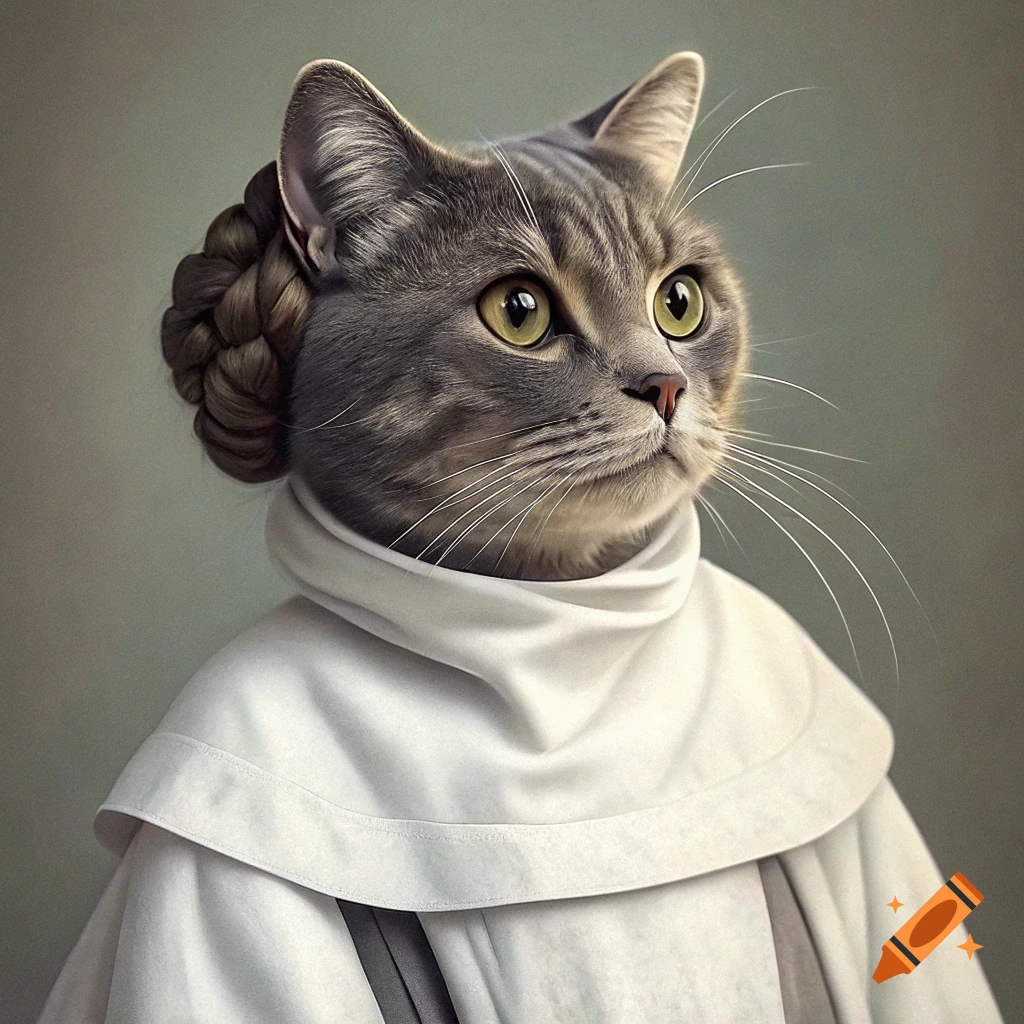 A gray cat dressed as Princess Leia in a white robe and braided buns.