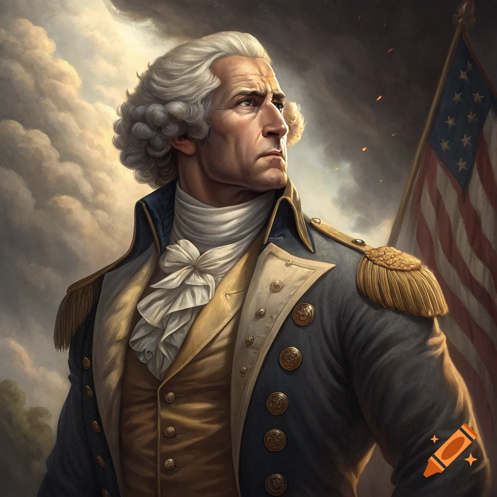 Portrait of George Washington in military uniform with US flag against cloudy sky