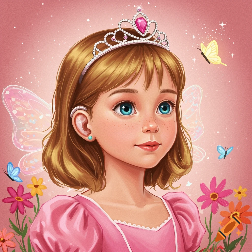 Illustration of a young girl dressed as a princess with fairy wings, tiara, hearing aids, surrounded by flowers and butterflies.