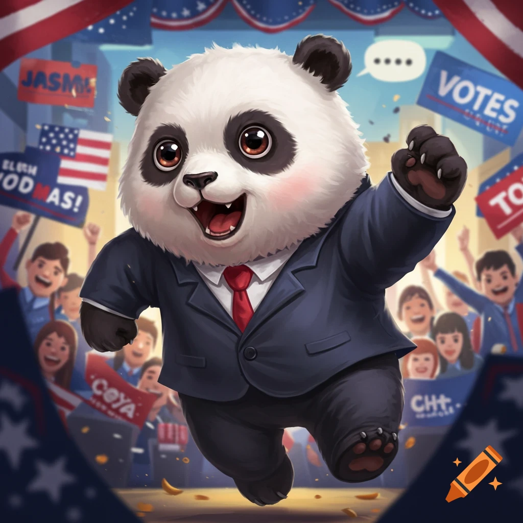 A cute panda in a suit running at a political rally.