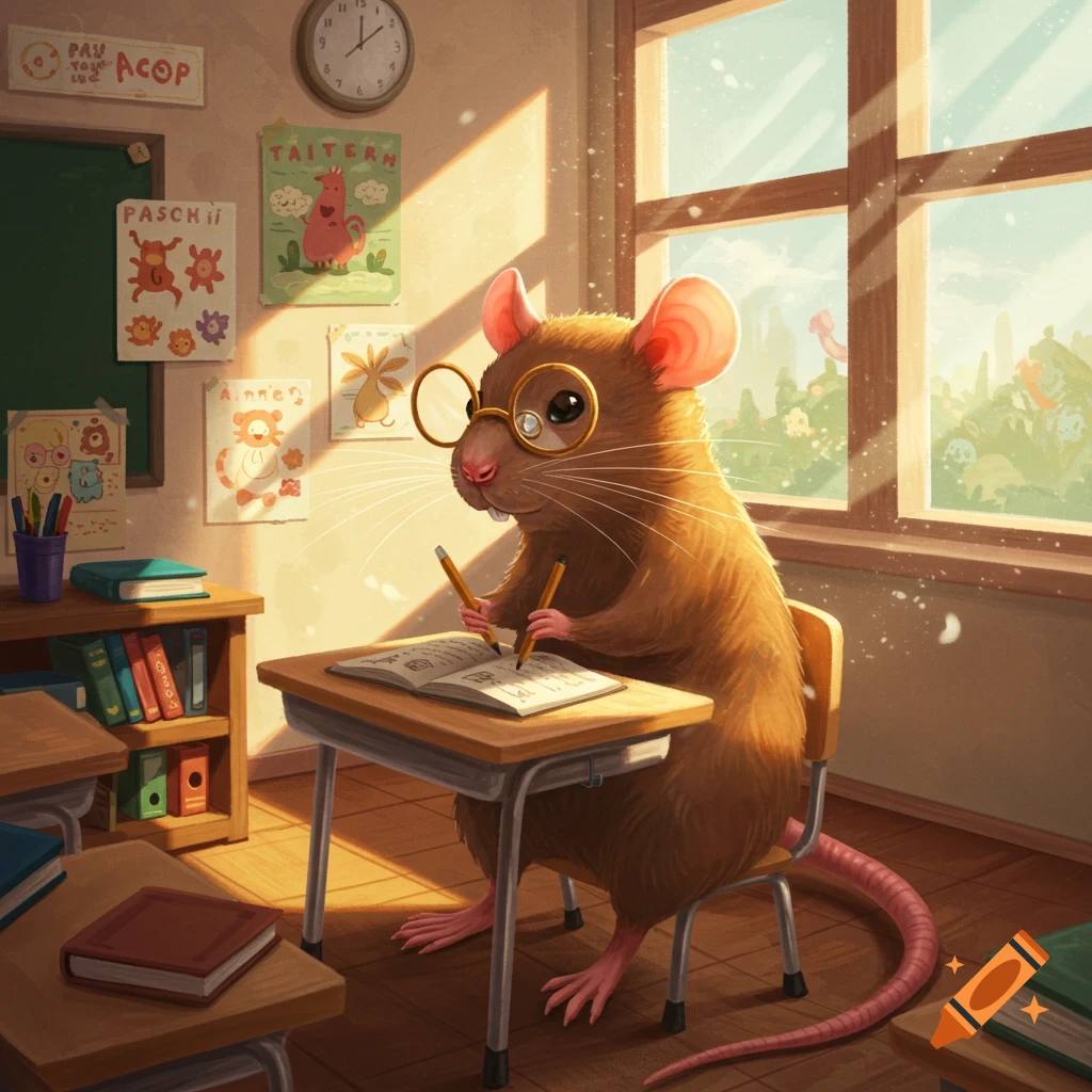 A brown rat wearing glasses sits at a school desk, writing with two pencils in a sunlit classroom.