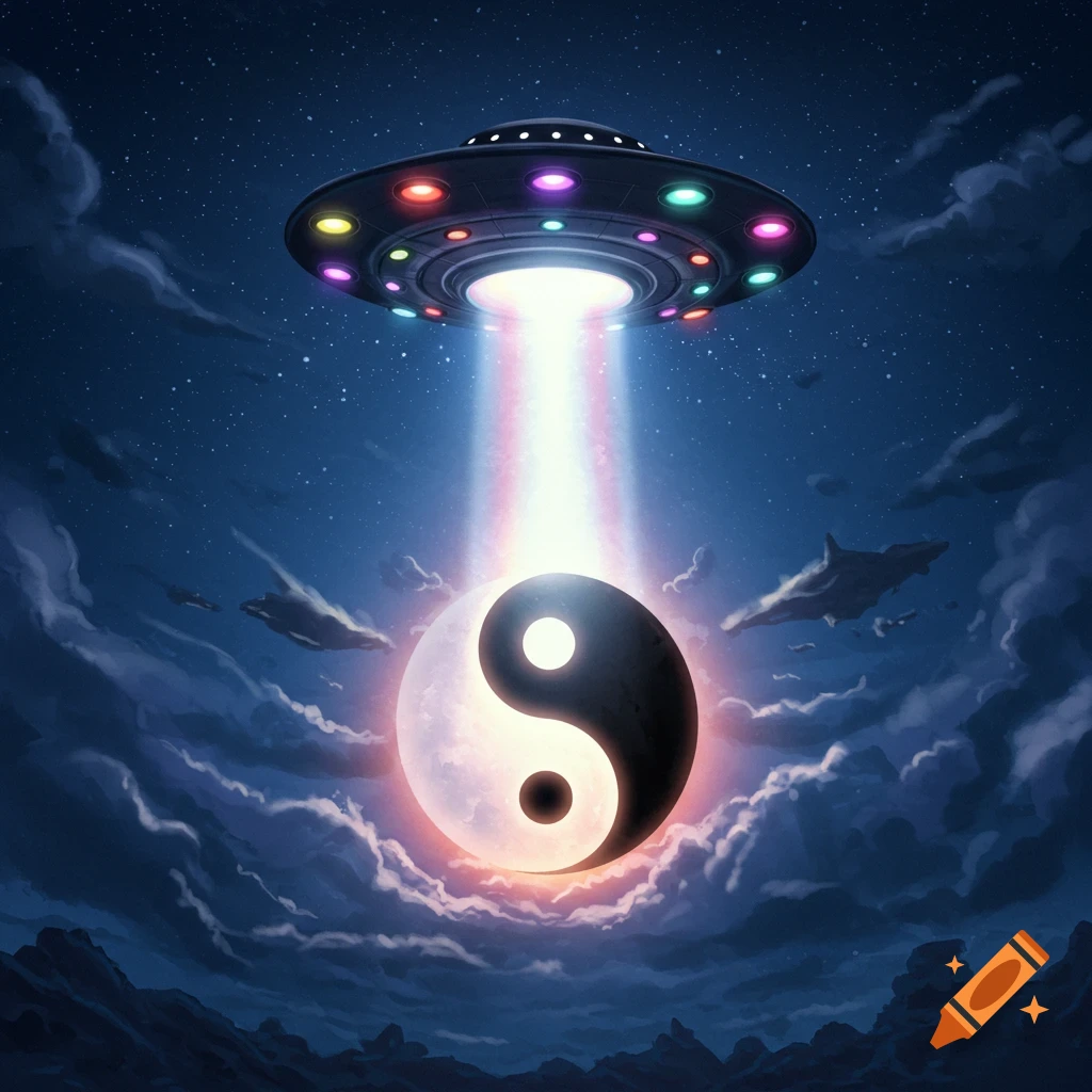 A UFO shines a beam onto a large yin yang symbol in a starry night sky with clouds.