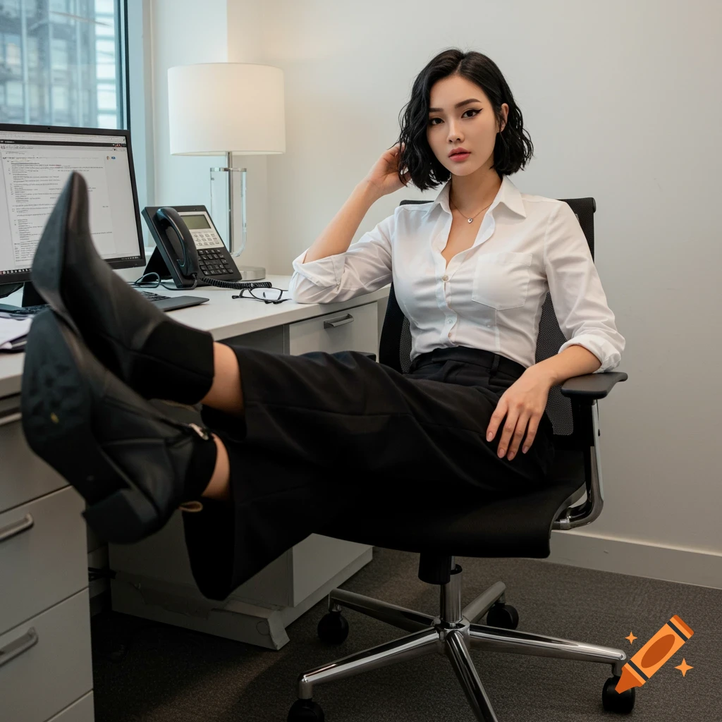 A woman in a white shirt and black pants sits in an office chair with her feet on the desk.