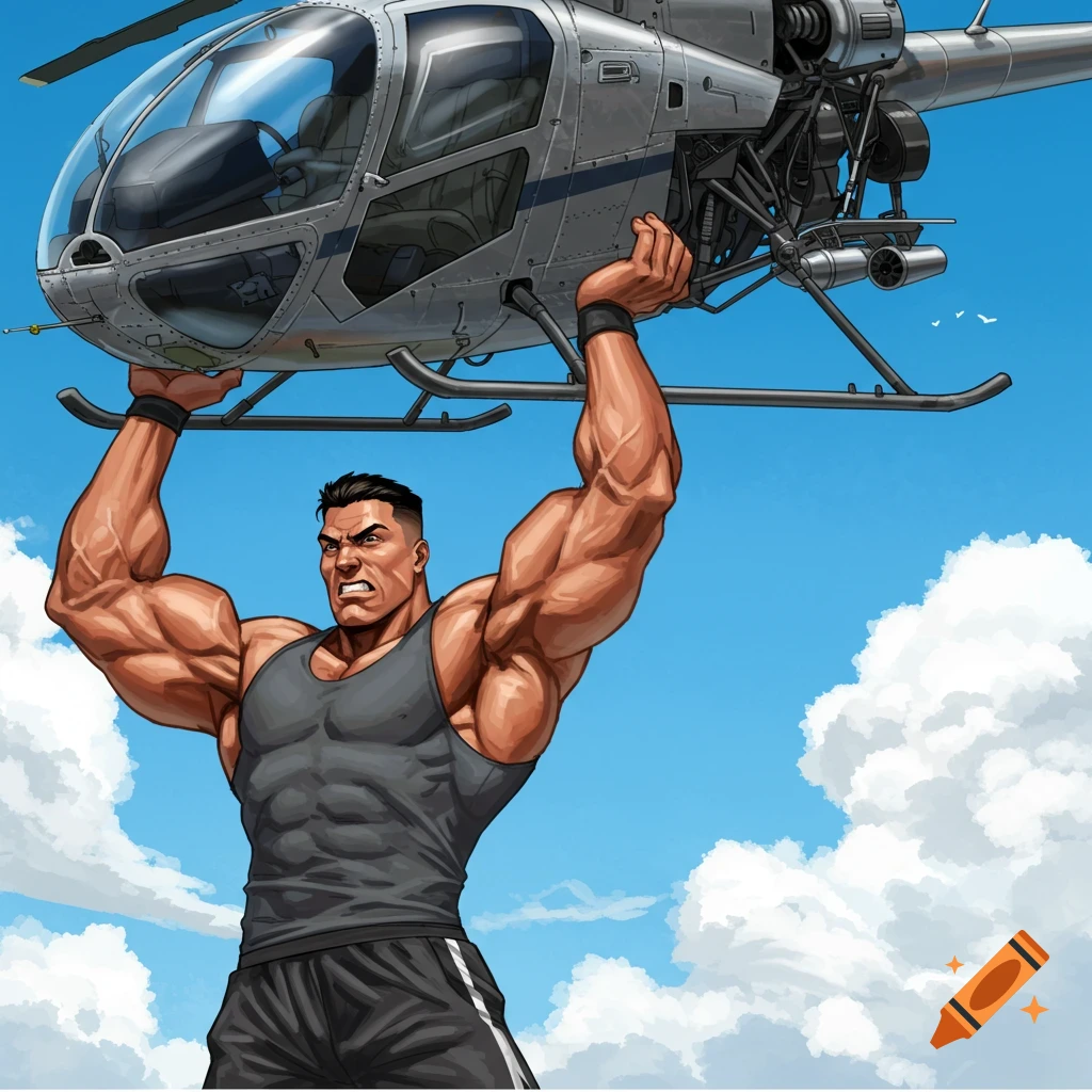 A muscular man in a tank top lifts a helicopter overhead against a cloudy blue sky, in a comic book style.
