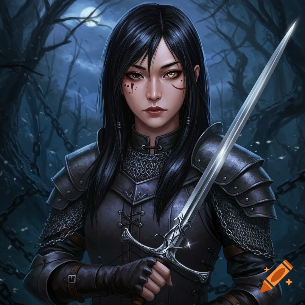 Fantasy portrait of a dark-haired woman in armor holding a sword in a dark forest
