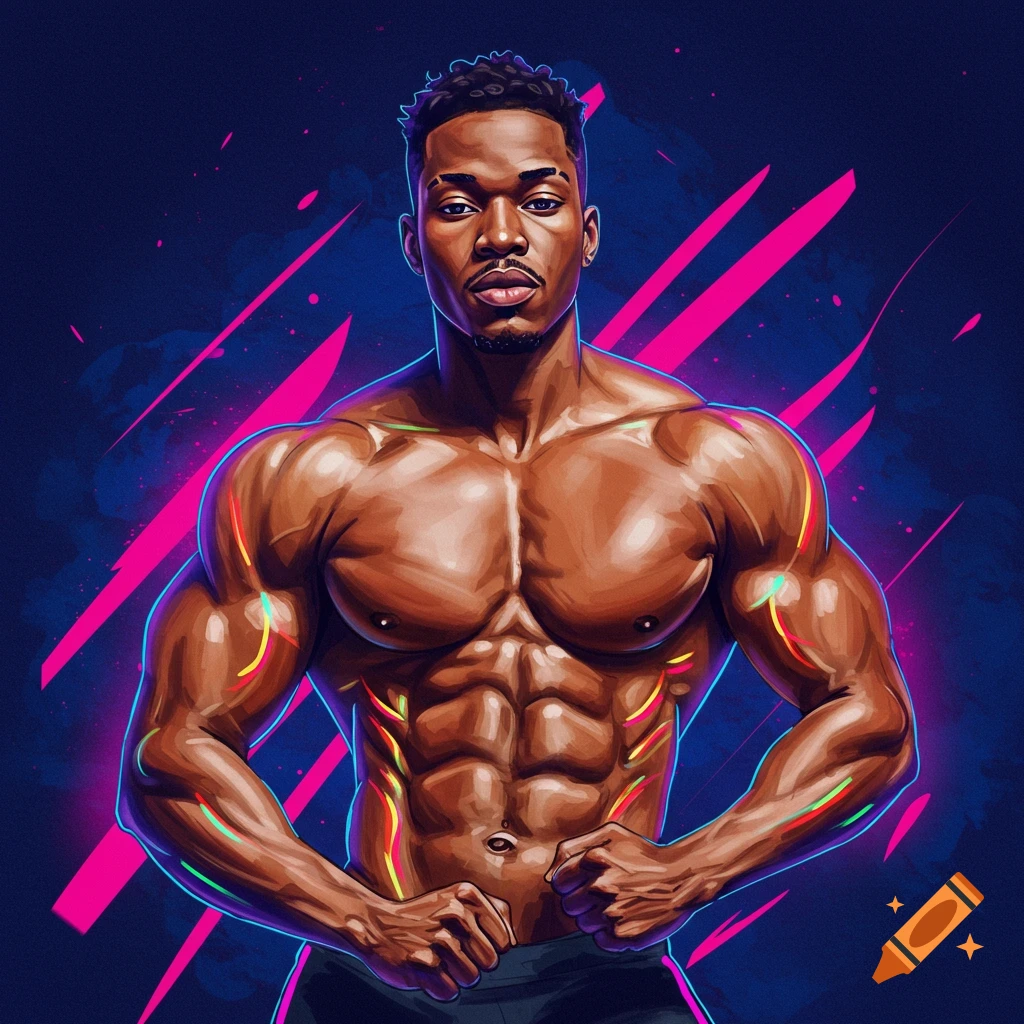 A muscular man is flexing with a neon pink and blue background.