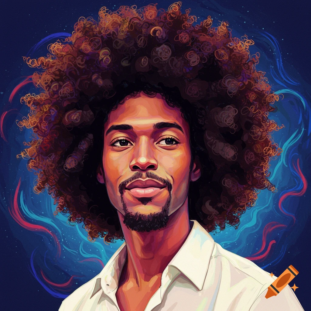 A man with a large afro stands against a starry, abstract background.