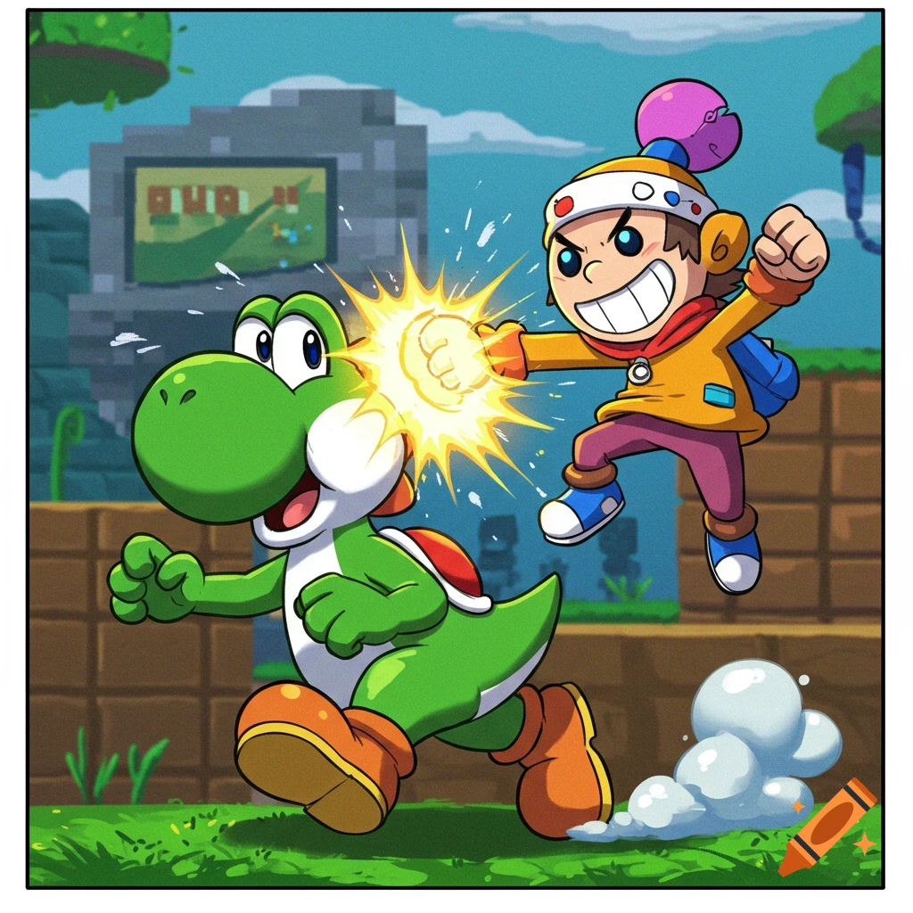 Bowser Jr. punches Yoshi in a cartoon style.