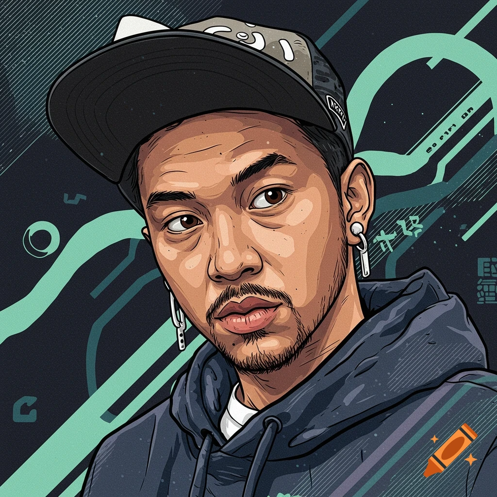 A stylized portrait illustration of a person wearing a baseball cap and hoodie against a graphic background.