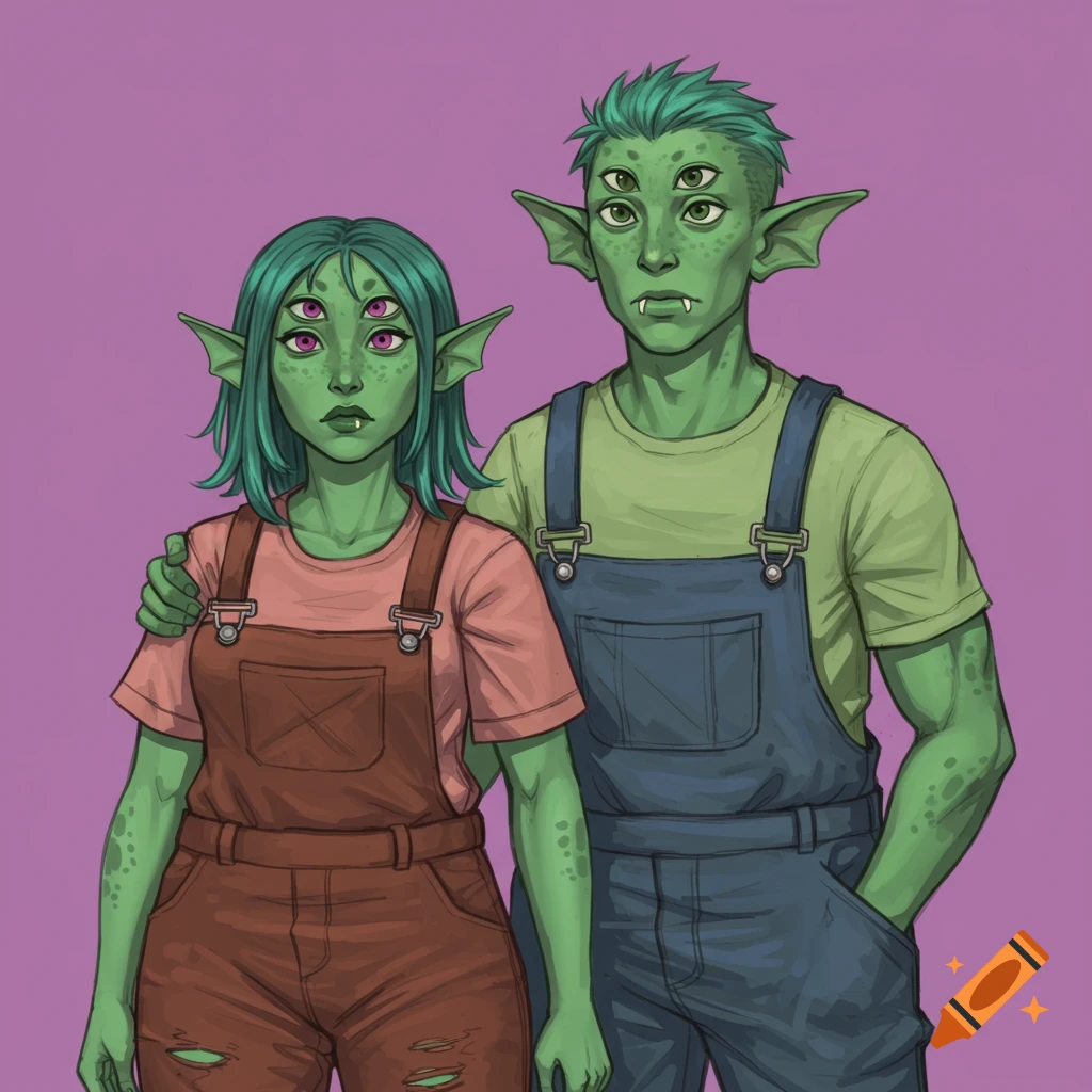 Two green aliens with four eyes wearing overalls.