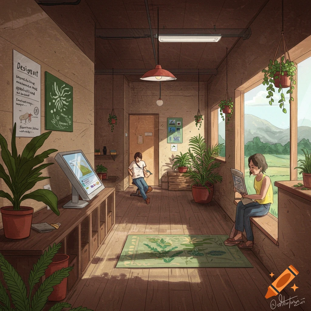 Illustration of a sustainable community center interior with people, plants, natural light, and display screen.