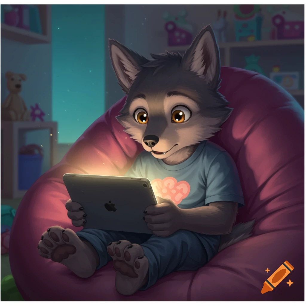 Illustration of an anthro wolf child sitting on a beanbag chair looking at a tablet in a room.