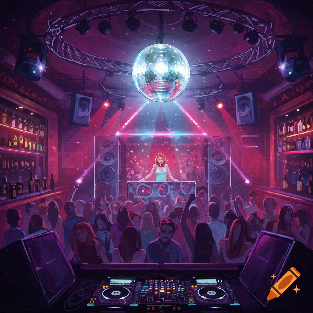 A crowded nightclub scene featuring a DJ, a glittering disco ball, and a vibrant dance floor, observed from the perspective of the DJ booth.